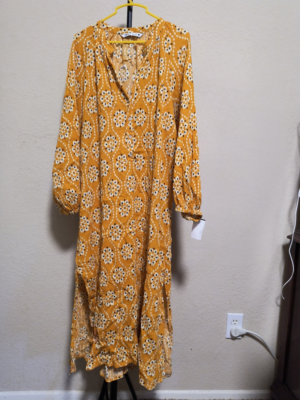 Zara Mustard Floral Tie-Neck Midi Dress
